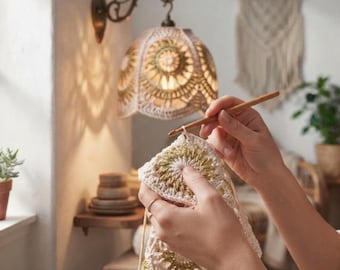 Chic Crochet Pendant Light Pattern | Bohemian Hanging Lampshade PDF | Handcrafted Mandala Ceiling Light Cover
