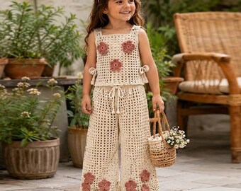Crochet Toddler Outfit, Floral Crop Top and Wide Leg Pants