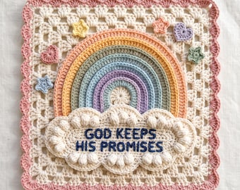 CROCHET PATTERN, Rainbow Granny Square, God Keeps His Promises Wall Hanging , Bible Verse Nursery Decor,  mosaic crochet pattern, PDF