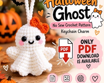 Halloween Ghost Amigurumi Crochet Pattern, No-Sew Keychain Charm (PDF)