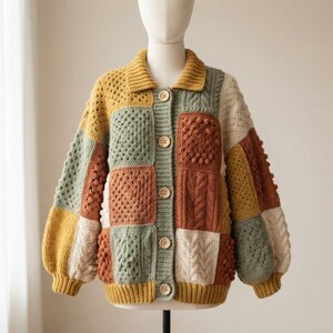 Handmade Patchwork Crochet Cardigan, Chunky Knit Sweater, Oversized Fall Button Down Jacket, Retro k Grann