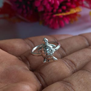 Sterling Silver Turtle Ring, Dainty Ocean Beach Animal Jewelry, Lucky Tortoise Statement Ring