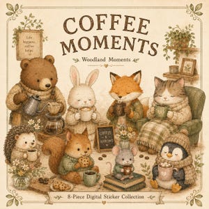 以下が含まれることがあります： COFFEE MOMENTSと題された8ピースのデジタルステッカーコレクション。クマ、ウサギ、キツネ、ネコ、ハリネズミ、リス、ネズミ、ペンギンがコーヒーを飲んでいるイラストで、Life happens, coffee helpsおよびCoffee & Good Daysというテキストが含まれています。