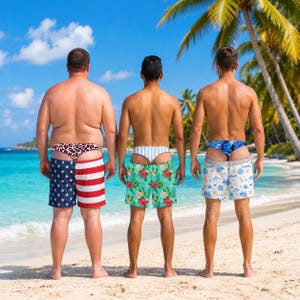 May include: Three pairs of swim trunks worn with thong-style underwear. The first pair features a red, white, and blue American flag pattern. The second pair has a green tropical floral print. The third pair displays a light blue and white seashell pattern.