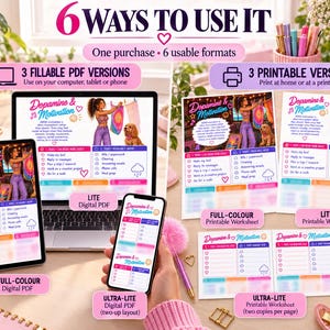Può includere: Un set di planner digitali e stampabili Dopamine & Motivation con sei formati, inclusi PDF compilabili e fogli di lavoro. Il design mostra un elenco di attività colorato con caselle di controllo, un'illustrazione a cartoni animati ed etichette di testo.