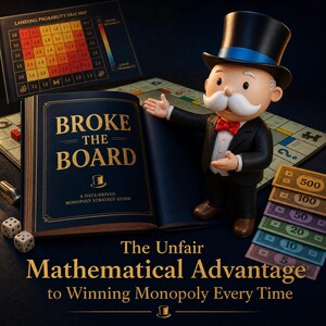 May include: A book titled Broke the Board: A Data-Driven Monopoly Strategy Guide, featuring a Monopoly mascot figure in a black top hat and suit, a landing probability heat map, two white dice, and a stack of colorful Monopoly paper currency.