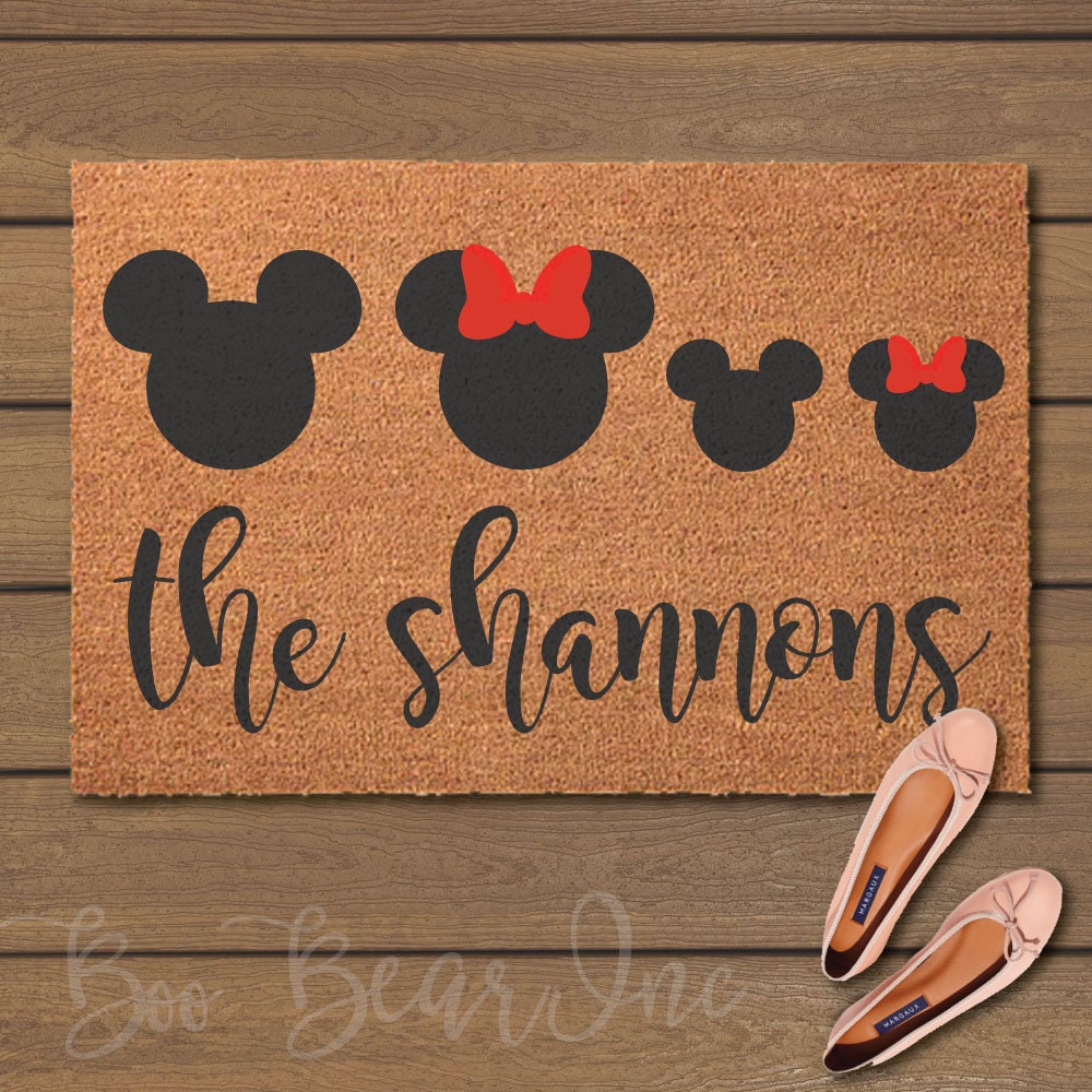 Discover Mickey & Minnie Heads with Family Name Doormat - Welcome Mats- Fun Doormats