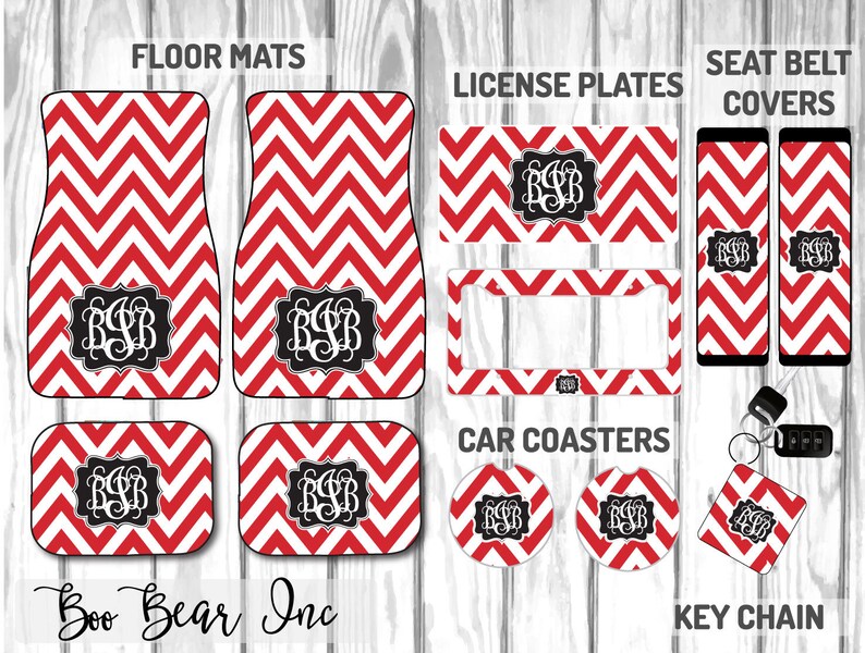 Custom Red And White Chevron Car Mat Accessory Set Etsy