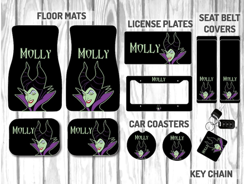 May include: A collection of car accessories featuring a cartoon villain design. Items include floor mats, license plates, seat belt covers, car coasters, and a keychain. Each item is black with a green, purple, and white graphic and the name "MOLLY".