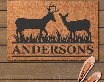 Deer with Family Name Doormat - Welcome Mats- Fun Doormats