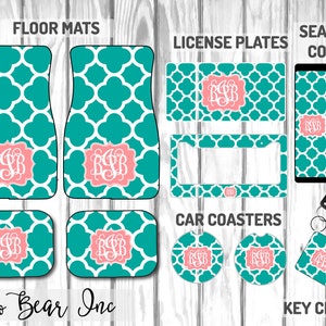 Custom Teal Quatrefoil Car Mat Accessory Set