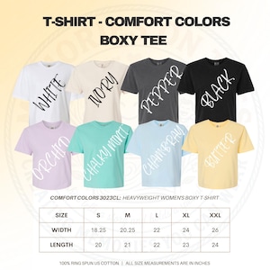 May include: A collection of eight short-sleeve boxy t-shirts in white, ivory, pepper, black, orchid, chalky mint, chambray, and butter colors. A size chart displays width and length measurements in inches for sizes S through XXL for this garment.