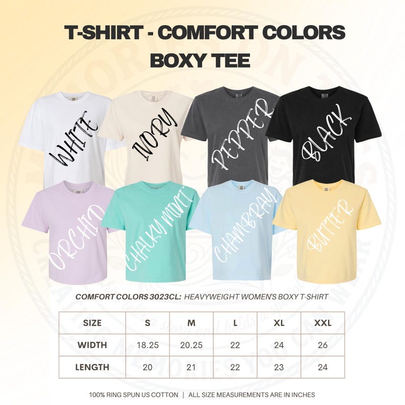 May include: A collection of eight short-sleeve boxy t-shirts in white, ivory, pepper, black, orchid, chalky mint, chambray, and butter colors. A size chart displays width and length measurements in inches for sizes S through XXL for this garment.