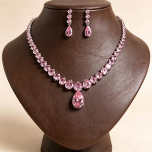 Pink Clear Teardrop Cubic Zirconia Jewelry Set, Silver Tennis Choker Drop Earrings Bridal Wedding Evening Statement Jewelry Gift
