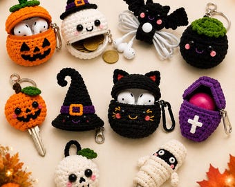 May include: A collection of ten crocheted Halloween-themed accessories including a pumpkin earbud case, a ghost coin purse, a bat cord organizer, a black monster keychain, a pumpkin key cover, a witch hat, a black cat earbud case, a purple coffin pouch, a skull charm, and a mummy pen cover.