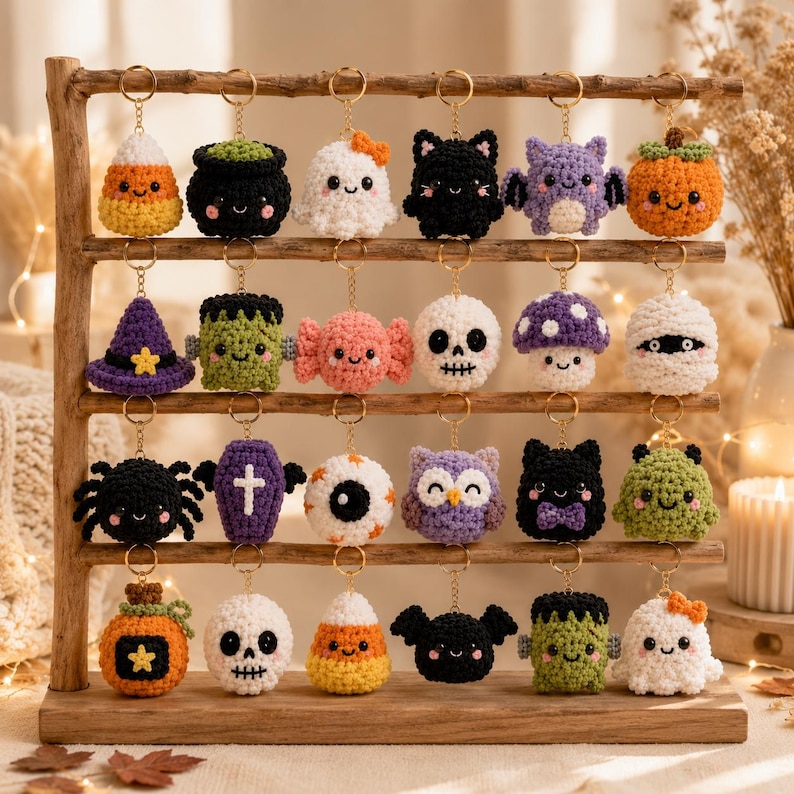 May include: A wooden display rack holding twenty-four crocheted Halloween-themed keychains. The collection includes miniature figures of ghosts, pumpkins, skulls, spiders, bats, candy corn, mummies, monsters, owls, and mushrooms in various colors.