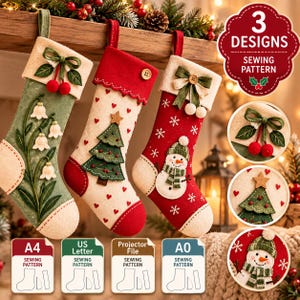 Christmas Stocking Sewing Pattern PDF bundle, 3 Designs, Holiday Stocking Pattern, A4, US Letter, A0 & Projector Files
