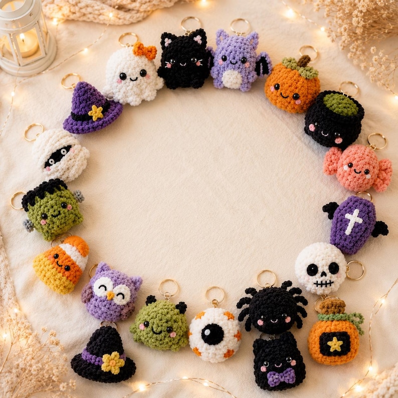 May include: A collection of crocheted Halloween-themed keychains arranged in a circle. The figures include a ghost, black cat, bat, pumpkin, cauldron, candy, coffin, skull, potion bottle, spider, eyeball, monster, owl, candy corn, mummy, and witch hats.