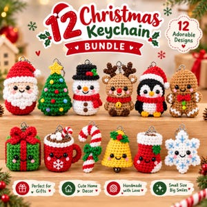 May include: A bundle of 12 crocheted Christmas keychains featuring characters including Santa Claus, a snowman, a reindeer, a penguin, a gingerbread person, a gift box, a mug, a candy cane, a bell, a stocking, and a snowflake.