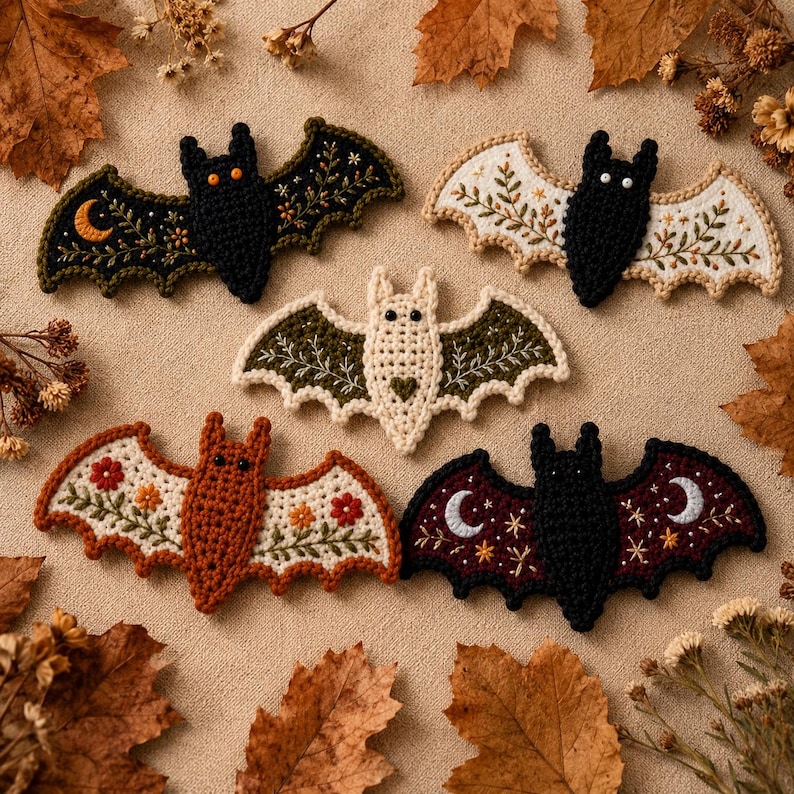 Five handmade crochet bat appliqués hanging on a rustic twine garland, cozy autumn decor, warm blurred background