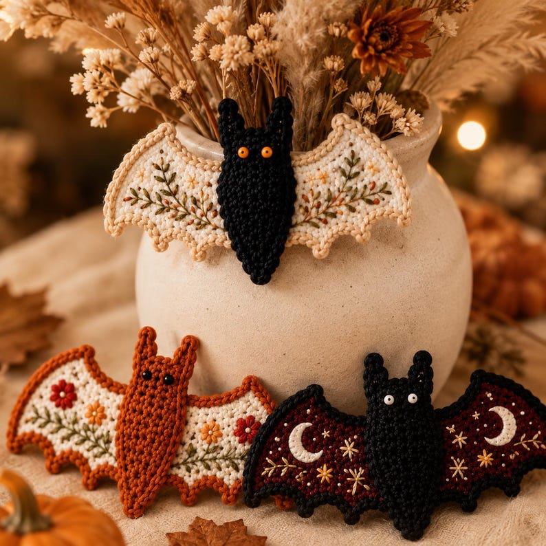 Handmade crochet Halloween bat garland, detailed yarn stitches, floral embroidery, warm golden light, rustic cozy styling