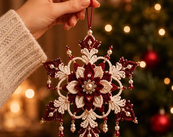 Crochet Snowflake Ornament Pattern PDF Beaded Poinsettia Christmas Holiday Decor