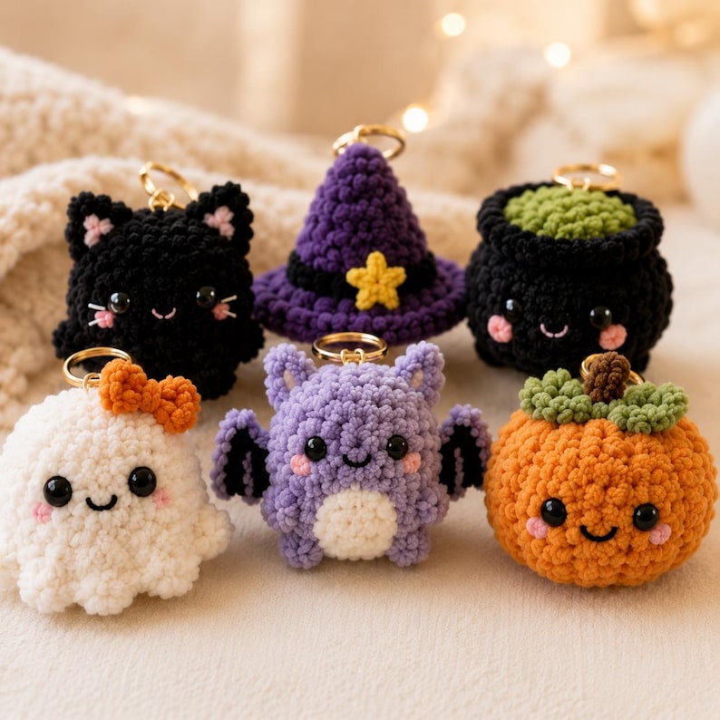 May include: A collection of six crocheted keychains featuring a black cat, a purple witch hat with a yellow star, a black cauldron with green contents, a white ghost with an orange bow, a purple bat, and an orange pumpkin with green leaves.