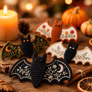 May include: Four crocheted bat ornaments featuring intricate embroidery on their wings. The bats are black, white, and rust-colored, decorated with floral patterns, crescent moons, and stars. Each bat has small dark eyes and scalloped wing edges.