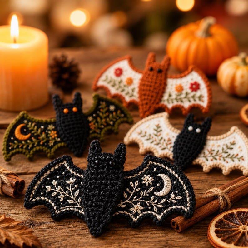 May include: Four crocheted bat ornaments featuring intricate embroidery on their wings. The bats are black, white, and rust-colored, decorated with floral patterns, crescent moons, and stars. Each bat has small dark eyes and scalloped wing edges.