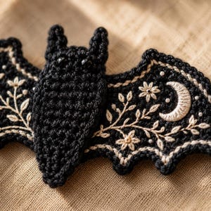 Close-up of colorful crochet bat appliqués hanging with wooden clothespins, soft warm bokeh, cozy fall atmosphere
