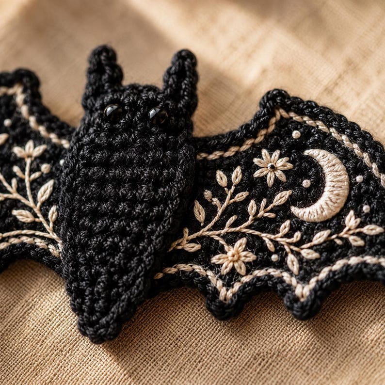 Close-up of colorful crochet bat appliqués hanging with wooden clothespins, soft warm bokeh, cozy fall atmosphere