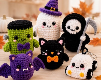 Crochet Halloween Amigurumi Pattern Bundle, Spooky Cute Crew PDF, Chunky Chenille Yarn Halloween Crochet Patterns, Ghost Cat Bat Witch