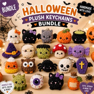 Paquete de patrones de llaveros de ganchillo de Halloween en PDF / 20 llaveros de peluche amigurumi adorables / Patrón de ganchillo de chenilla gruesa para Halloween
