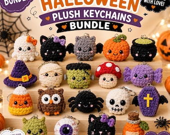 Halloween Crochet Keychain Pattern Bundle PDF | 20 Cute Amigurumi Plush Keychains | Chunky Chenille Halloween Crochet Pattern