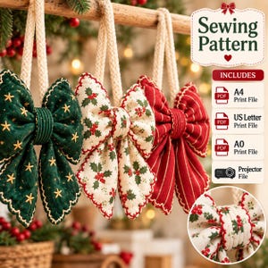 Christmas Bow Sewing Pattern PDF, Plush Fabric Bow Tutorial, Quilted Holiday Ornaments, Reversible Bow Garland, Beginner Sewing Pattern