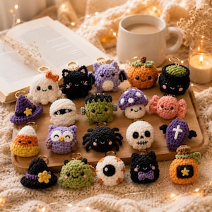 May include: A collection of small, crocheted Halloween-themed keychains featuring various characters including a ghost, black cat, bat, pumpkin, cauldron, witch hat, mummy, Frankenstein monster, mushroom, candy, owl, spider, skull, coffin, and eyeball.