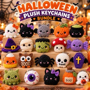 Halloween Crochet Keychain Pattern Bundle PDF | 20 Cute Amigurumi Plush Keychains | Chunky Chenille Halloween Crochet Pattern