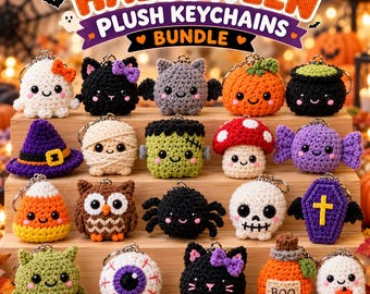 May include: A collection of seventeen crocheted Halloween plush keychains featuring various designs including a ghost, black cat, bat, pumpkin, cauldron, witch hat, mummy, Frankenstein, mushroom, candy, owl, spider, skull, coffin, eyeball, and potion bottle.