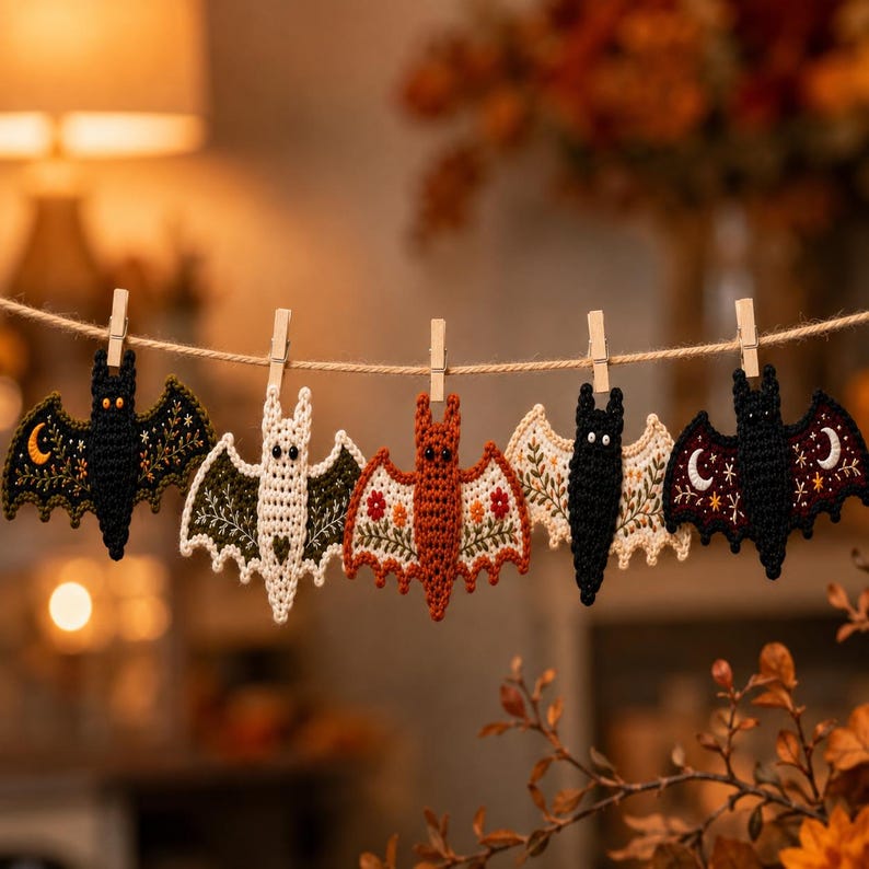 Black, cream and rust crochet bats with intricate embroidery, hanging decoration, blurred autumn living room background