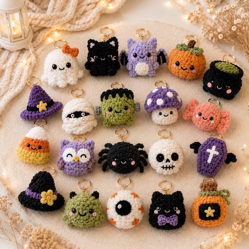 May include: A collection of twenty small, crocheted Halloween-themed keychains featuring various characters including a ghost, black cat, bat, pumpkin, cauldron, witch hat, mummy, Frankenstein, mushroom, candy, owl, spider, skull, coffin, and eyeball.