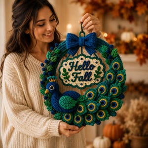May include: A circular crochet wreath featuring a blue peacock with a fanned tail of green and blue feathers. The wreath is adorned with a blue bow at the top and a central cream-colored plaque with the dark blue text Hello Fall.