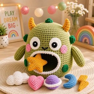 Wzór szydełkowy na potwora w formacie PDF | Koszyk Montessori do sortowania kształtów | Zabawka edukacyjna Amigurumi