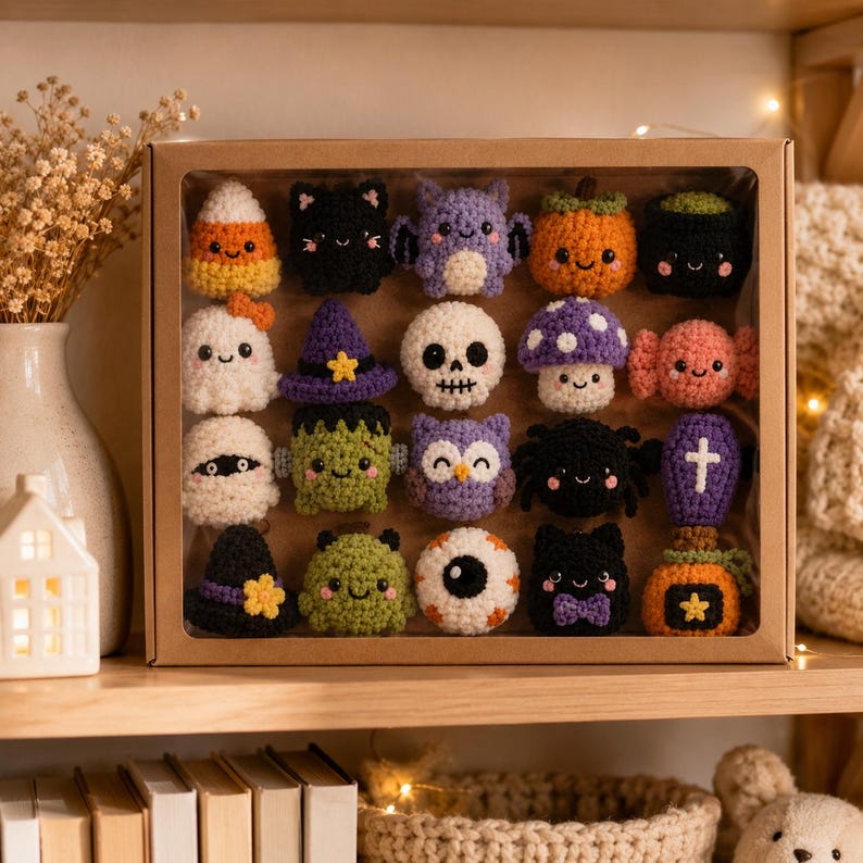 May include: A cardboard display box containing sixteen small, crocheted Halloween-themed figures. The collection includes a candy corn, black cat, bat, pumpkin, cauldron, ghost, witch hat, skull, mushroom, candy, mummy, Frankenstein, owl, spider, coffin, and eyeball.