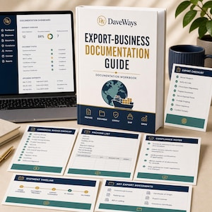 Può includere: Un libro bianco intitolato DaveWays Export-Business Documentation Guide con un grafico di un globo e una nave cargo, circondato da liste di controllo stampate, una cronologia delle spedizioni e un laptop con un dashboard di documentazione.
