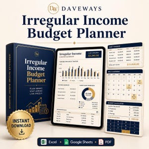 May include: A digital Irregular Income Budget Planner by DAVEWAYS featuring a dark blue binder, a tablet displaying financial dashboards, and three cards showing a debt tracker, bill calendar, and budget calculator with Excel, Google Sheets, and PDF icons.