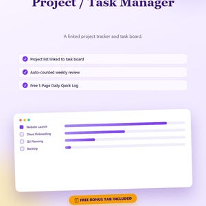 Könnte beinhalten: Eine digitale Produktivitätsvorlage mit dem Titel Project / Task Manager in Lila und Weiß. Sie enthält einen Projekt-Tracker, ein Aufgabenboard und Listen für Website-Launch, Kunden-Onboarding, Q3-Planung und Backlog. Beinhaltet einen kostenlosen Bonus-Tab und einen Sofort-Download-Hinweis.