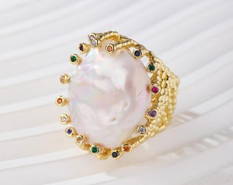 Natural Baroque Freshwater Pearl Ring Set, 18K Gold Plated Copper Adjustable Zircon Ring, Handmade Luxury Pearl Jewelry Gift for Women