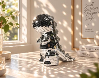 Discokugel-Dinosaurier-Skulptur, Silbernes Spiegelmosaik Tyrannosaurus Rex