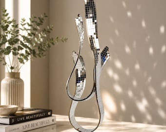 Disco Mirror Mosaic Sculpture, Silver Abstract Metal Art Decor, Modern Home Accent