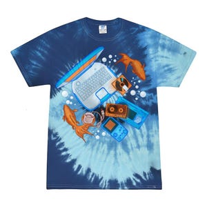 May include: A blue tie-dye t-shirt featuring a graphic print of a laptop, a handheld gaming console, a cassette tape, a floppy disk, and two orange goldfish swimming among white bubbles. The shirt has short sleeves and a crew neckline.